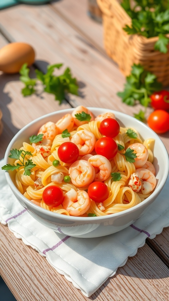 A colorful seafood pasta salad with shrimp, crab, tomatoes, and parsley in a bowl on a picnic table.